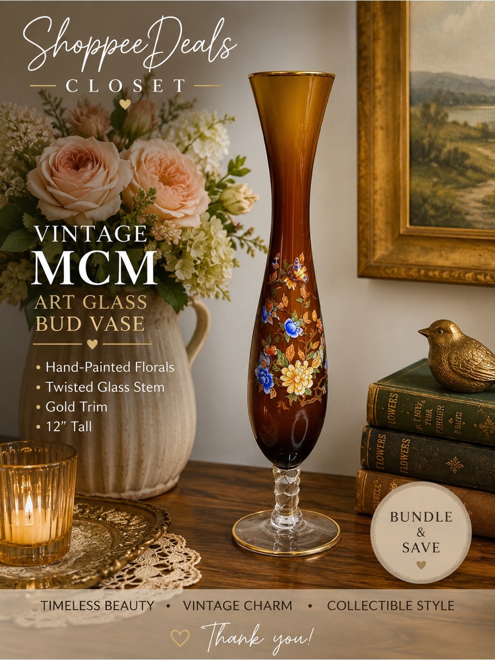 Vintage MCM Amber Brown Art Glass Bud Vase Hand Painted Floral Gold Trim 12”